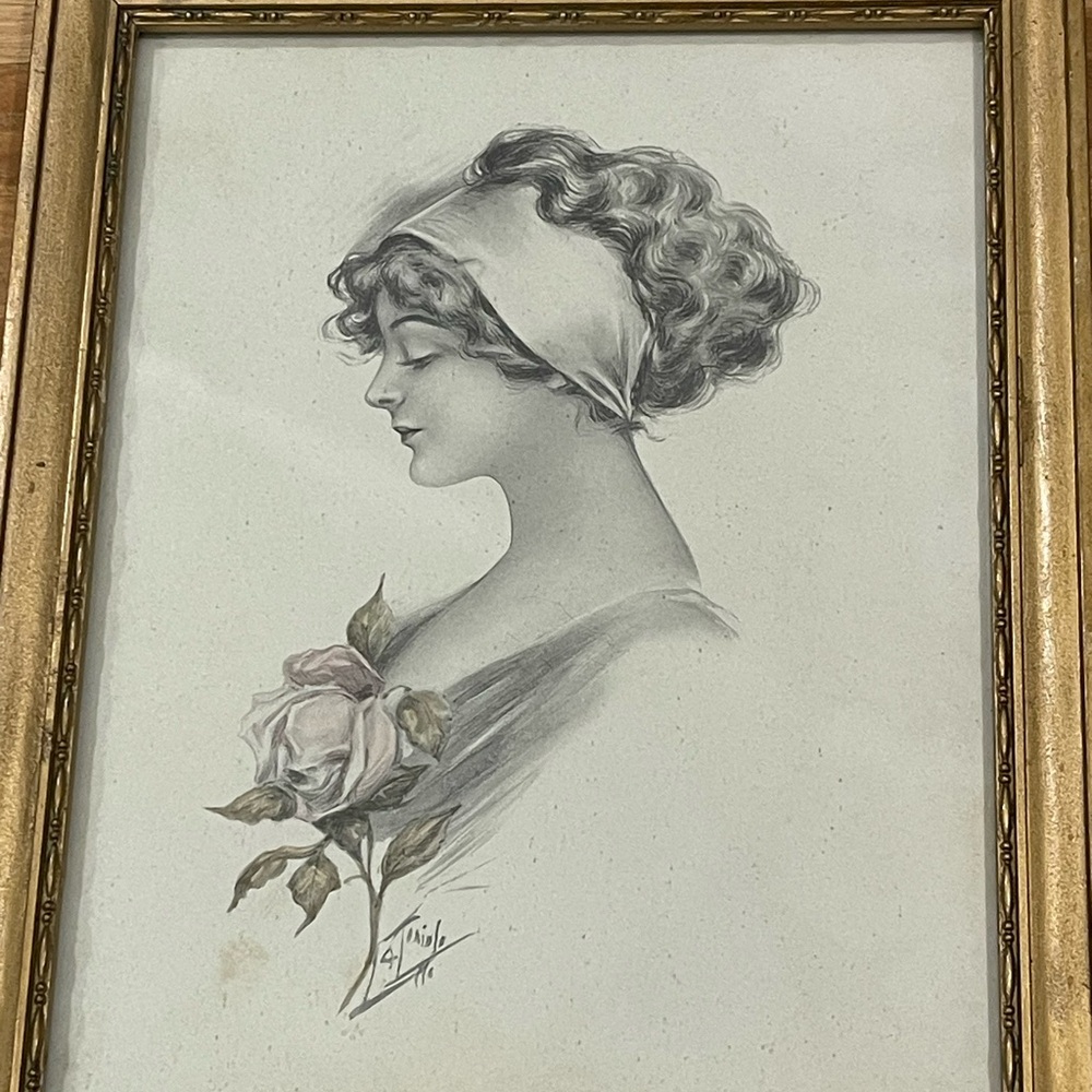 Vintage Portrait of Woman with Rose in Gold Frame